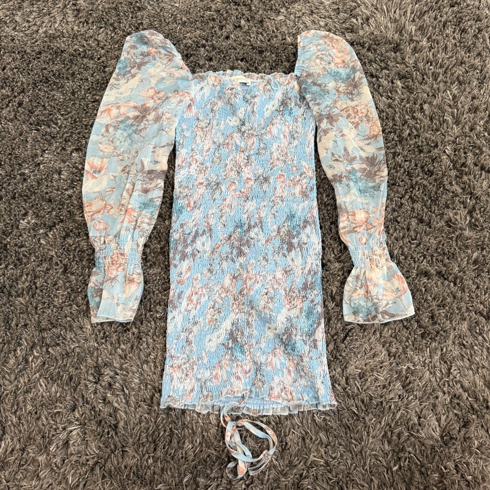 O.Vianca Puff Long Sleeve Ruched Floral Mini Dress in Blue Multi, Size M